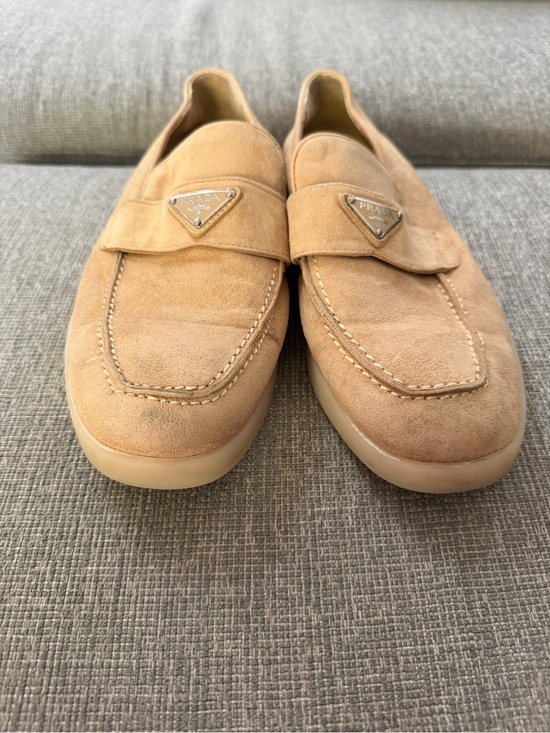 Prada Ecru Suede Loafers Metal Logo $1100 main image 12